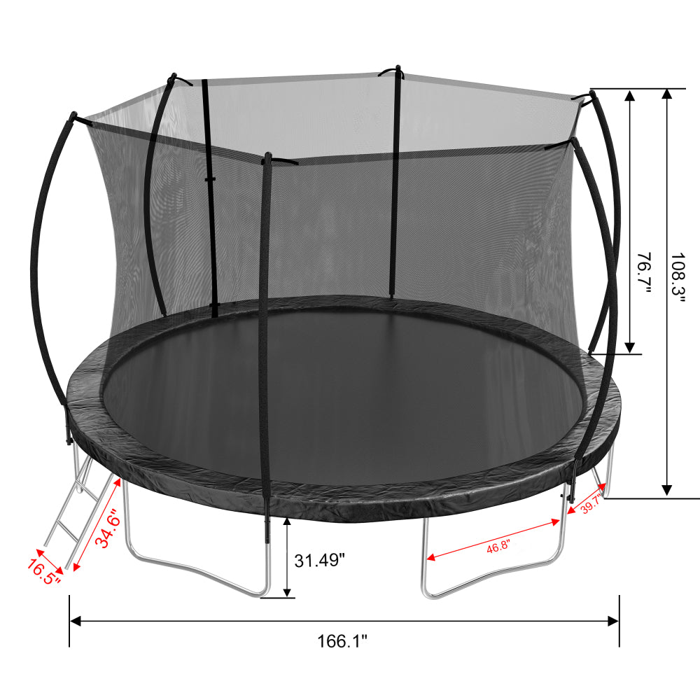 14FT Trampoline (Double-side color pad) , Trampoline for Kids and Adults with Enclosure Net and Ladder,Curved fence pole