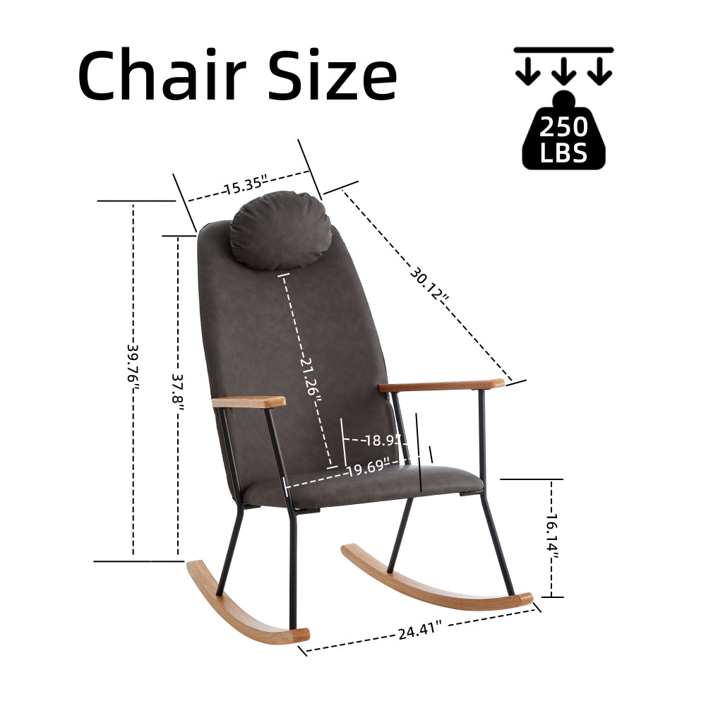 Adjustable Headrest Pillow Rocking Chair, Technical Leather Upholstered Glider Rocker with High Backrest, Modern Rocking Accent Chairs Comfy Side Chair for Nursery, Bedroom, Living Room (Dark Grey)