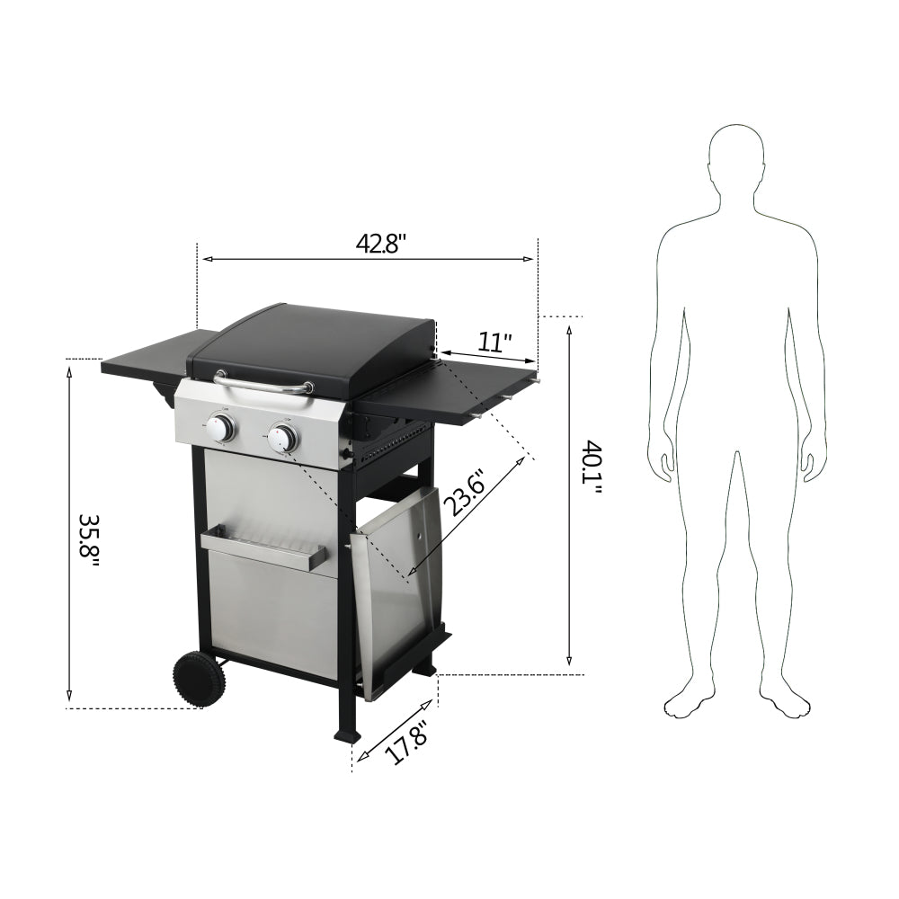 2-Burner Propane Gas BBQ Grill, SS Plancha, 24600BTU Output With Wire Enamel Cooking Grids For Outdoor Barbecue, Foldable Side Table, Hanging Basket, Stainless Steel