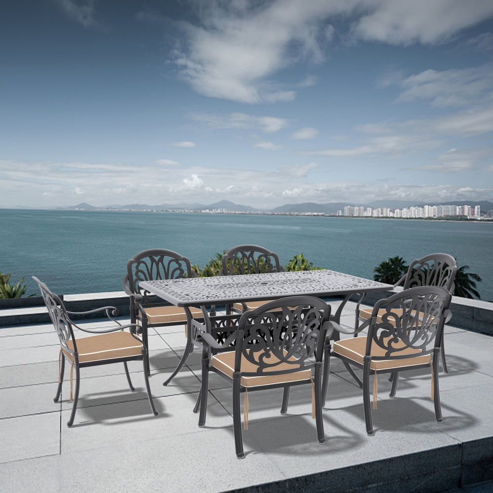 L58.27*W34.65-inch Cast Aluminum Patio Dining Table With Black Frame and Umbrella Hole