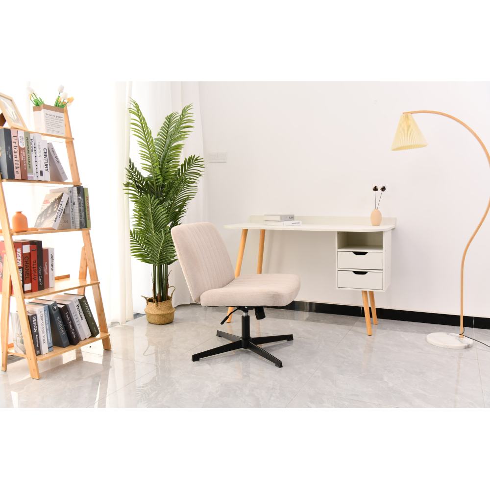 Cross Legged Office Chair, Wide Comfty Desk Chair, Fabric Vanity Home Chair No Wheels Armless Computer Task Chair, Swivel and Height Adjustable