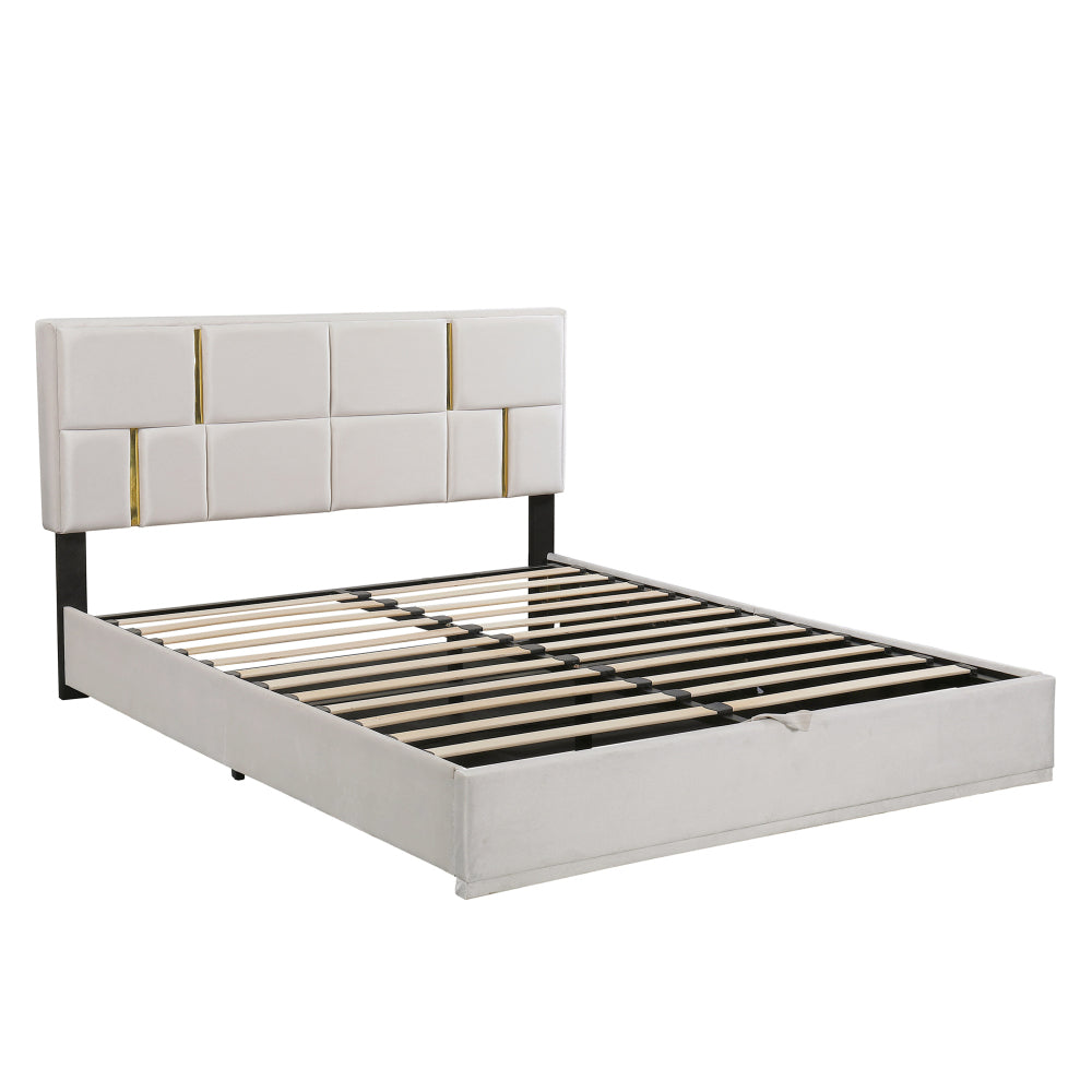 2-Pieces Bedroom Sets,Queen Size Upholstered Platform Bed with Hydraulic Storage System,Storage Ottoman with Metal Legs,Beige