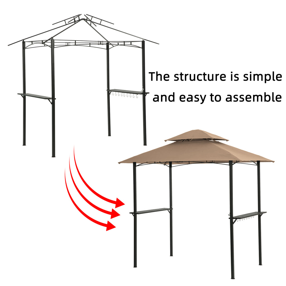 Outdoor Grill Gazebo 8 x 5 Ft, Shelter Tent, Double Tier Soft Top Canopy and Steel Frame with hook and Bar Counters,Khaki