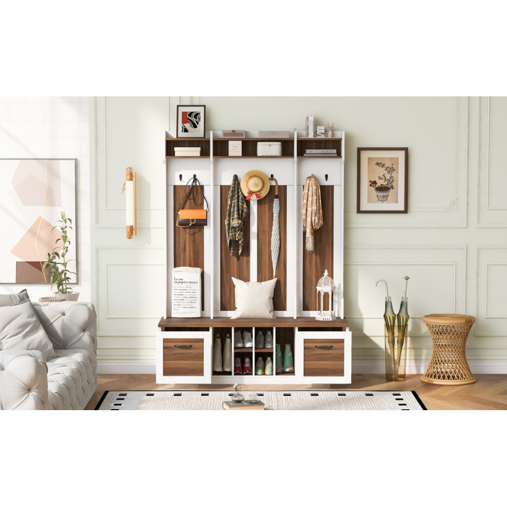 U-Can 5-in-1 Entryway Bench with Coat Rack, 7 Sturdy Hooks, 2 Spacious Drawers and Adjustable Shelves, 58.8'' Wide Hall Tree with Metal Handles for Hallway, Entryway, Living Room
