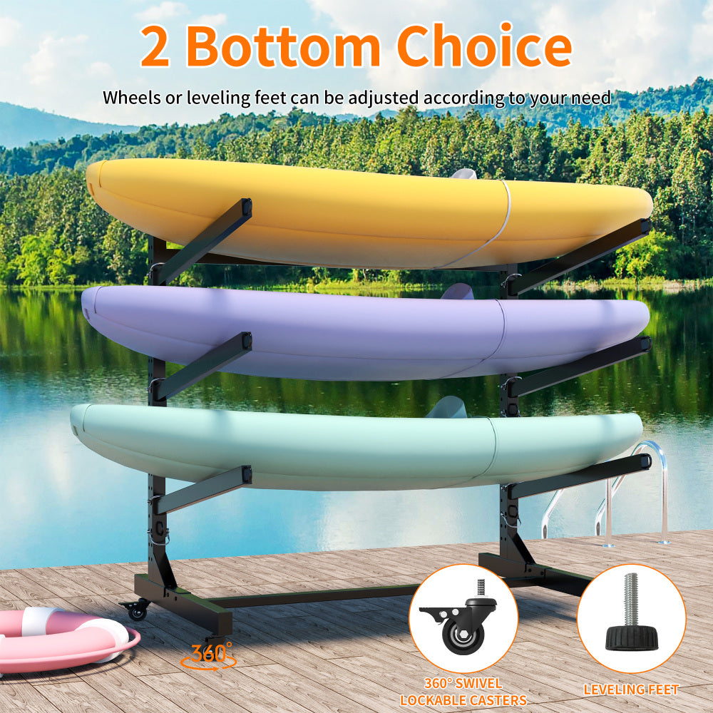 41"H Freestanding Kayak Storage Rack – Holds 3 Kayaks, Heavy-Duty Adjustable Stand with Lockable Wheels for Kayak, Canoe, SUP & Surfboard, 45.87"W*28.94"D*41"H