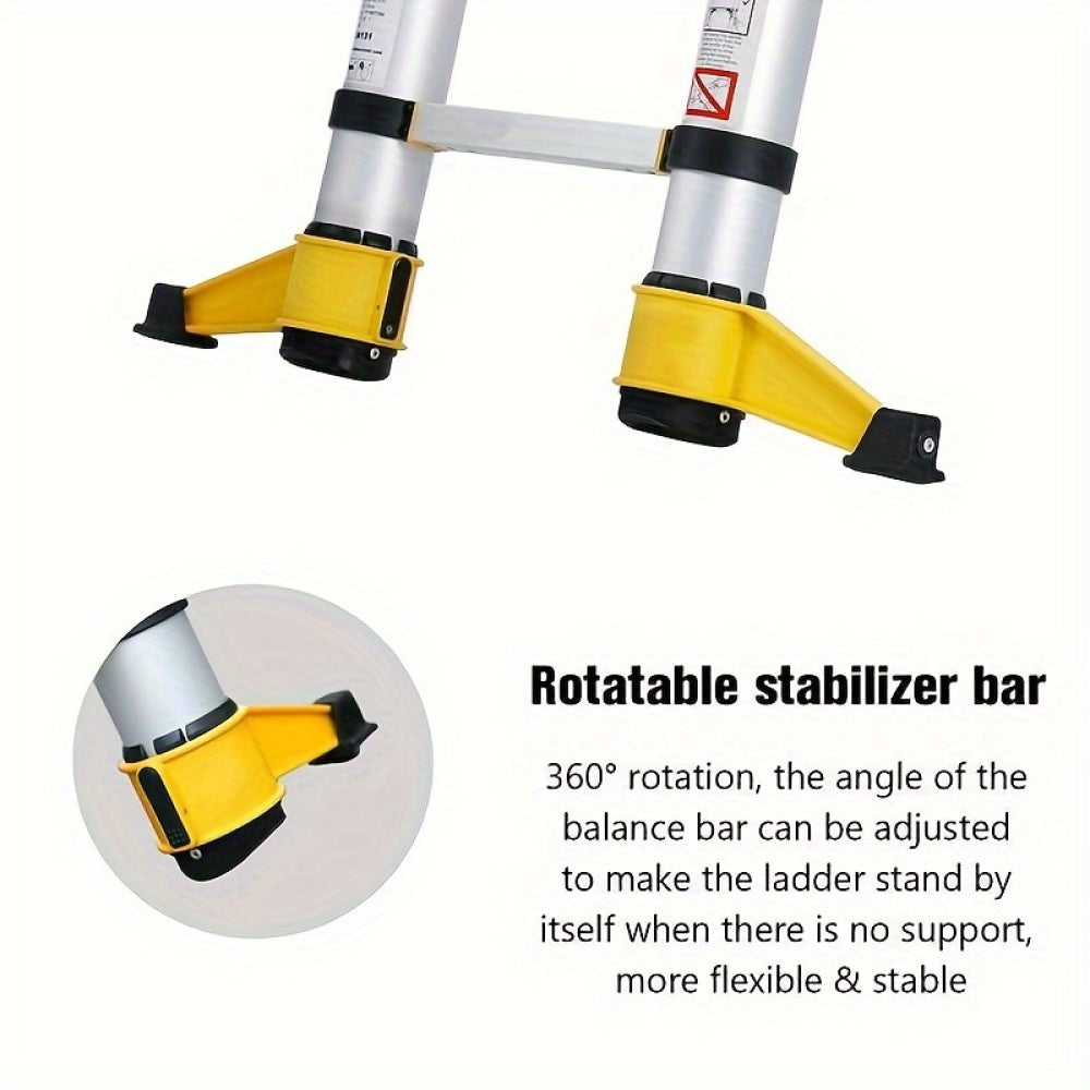 11.5 FT aluminum telescopic ladder, equipped with 360 ° rotatable stabilizer bar and metal tool suction magnetic strip, compact and portable anti slip folding ladder, multi-purpose telescopic ladder