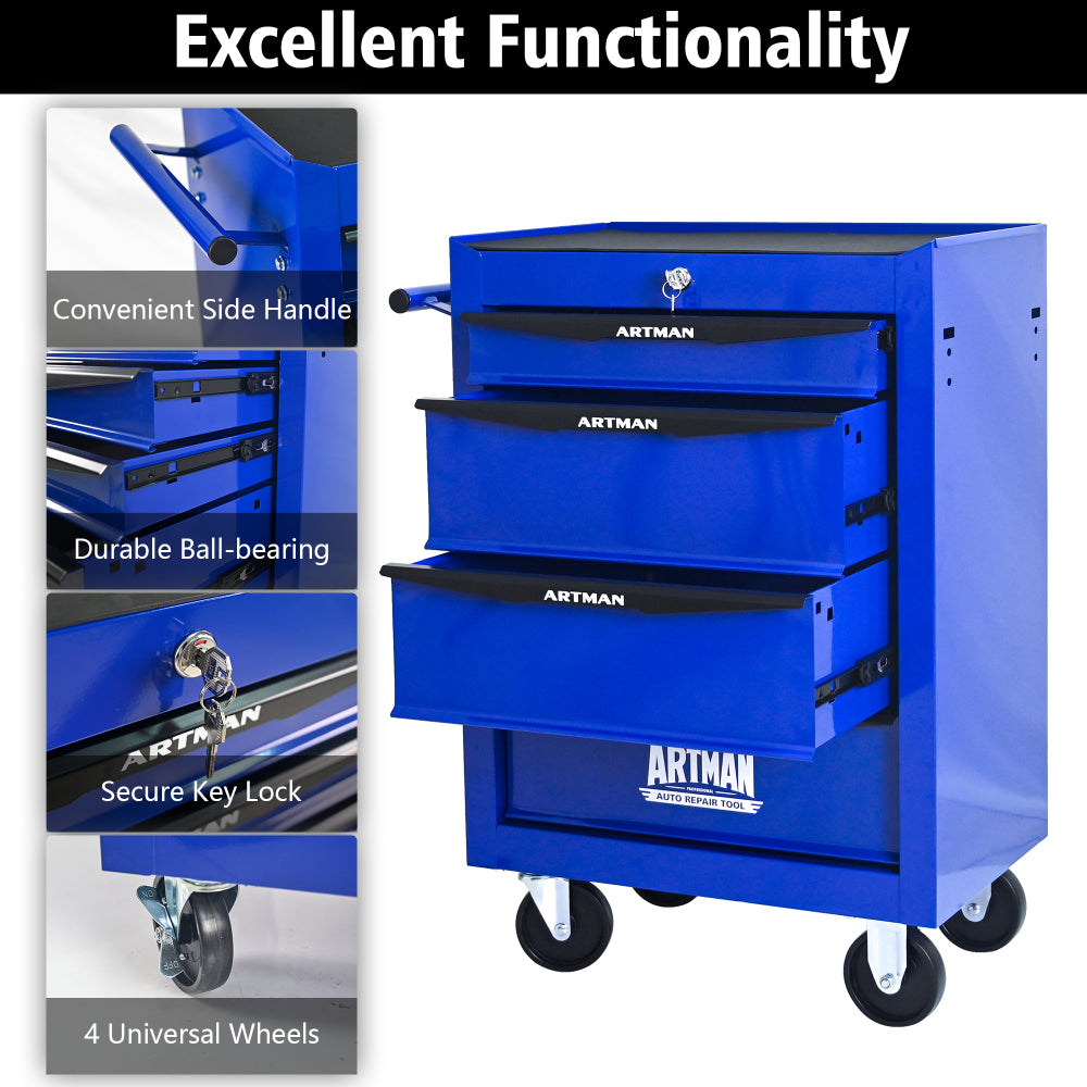 Rolling Metal Tool Chest with 4 Drawers, 20" 4-Drawer Tool Chest Cabinet with Ball Bearing Drawer Slides, Steel Tool Storage Box Organizer -BLACK&BLUE
