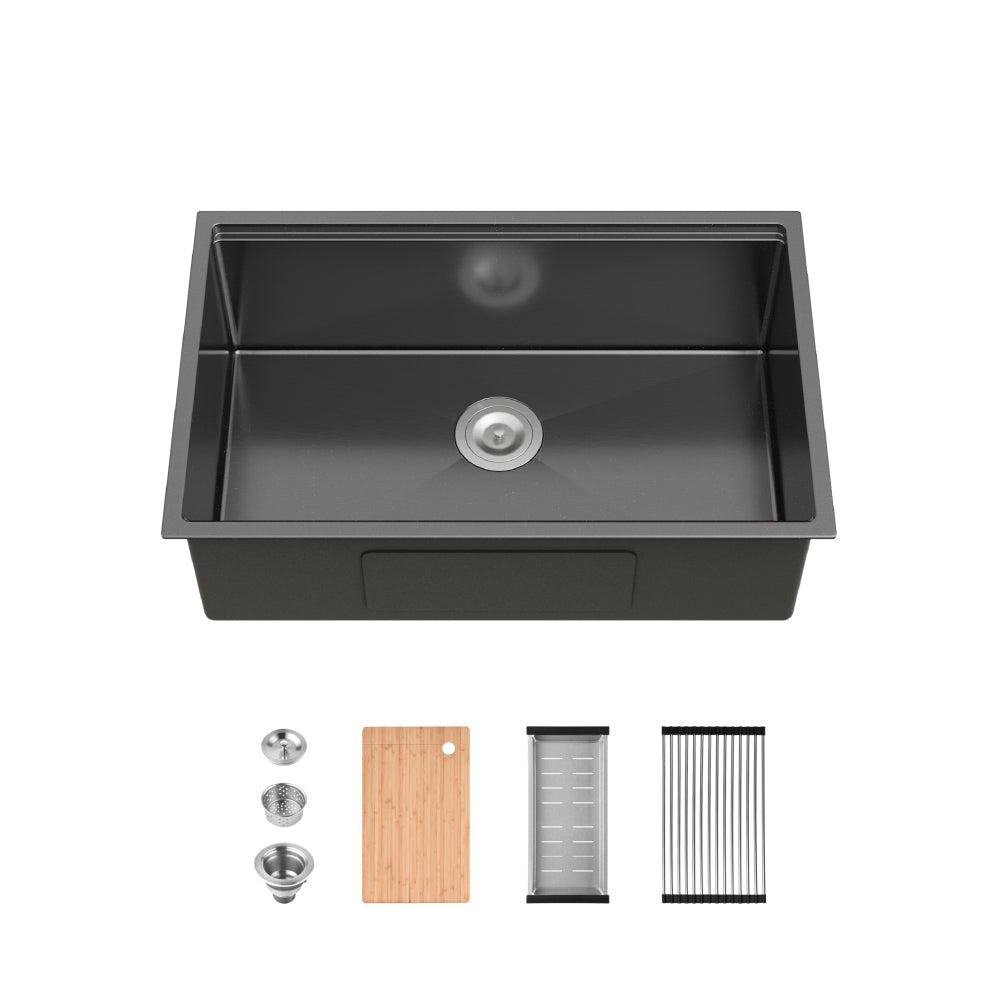 Stainless Steel Kitchen Sink, 33″x19″ Single Bowl, Undermount Handmade Sink in Dark Gray, with Cutting Board, Colander