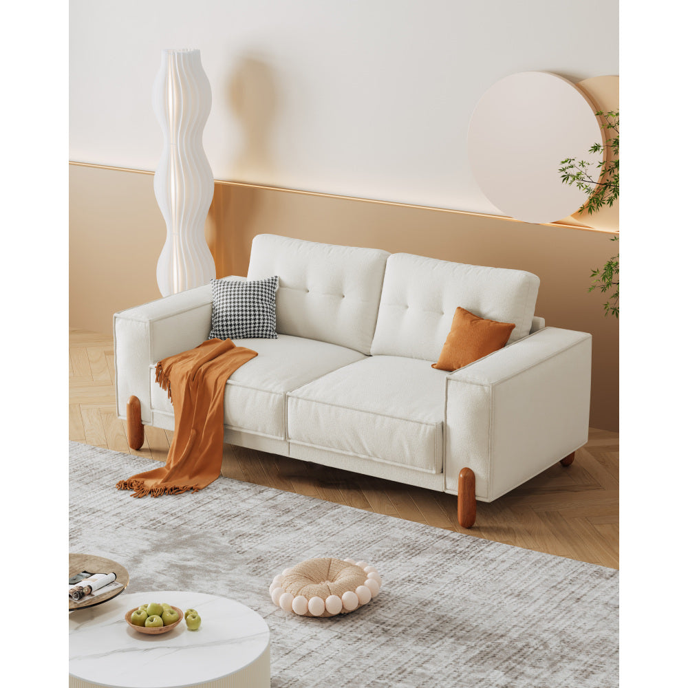 Couches for Living Room, Modern Teddy Fabric Upholstered Sofa Tufted Couch with Square Arm and 4 Solid Wood Legs 2 Pillows Decor for Living Room, Office, Apartment