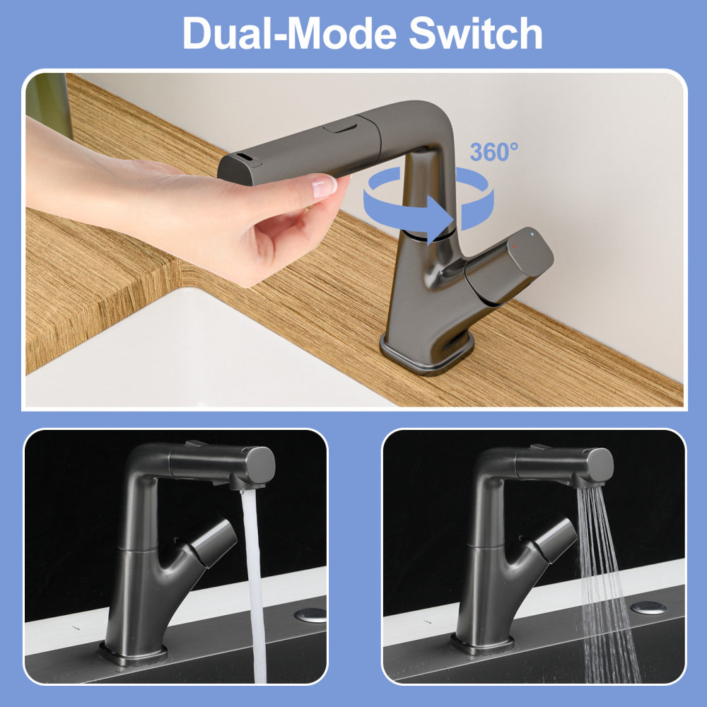 Pull-Down Bathroom Sink Faucet with Three Water Modes, Gunmetal Black