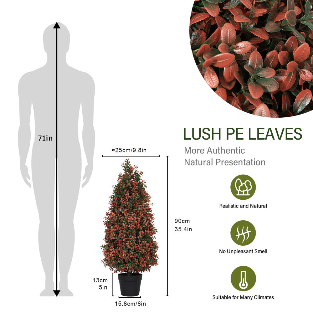 90cm Artificial Boxwood Topiary Tree for Outdoor Porch and Patio Decoration, Red , 2pcs/set