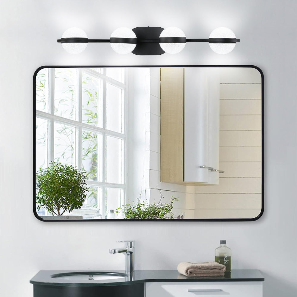 (Same as W1340P143677/L2001-B-4) 30" Black Minimalist LED Bathroom Vanity Light with Crystal Sand Acrylic Shades, 4-Light Wall Mounted Decorative Lighting Fixture, Suitable for Bathroom Vanity Mirror