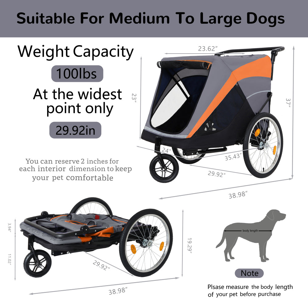 2-in-1 Bike Trailer & Push Cart for Pets - Detachable Bike Hitch & Push Handle Included - Quick Release Wheel, Internal Leash, Dual Cup Pockets and Underneath Storage Bag, Holds Pets Up to 88 lbs