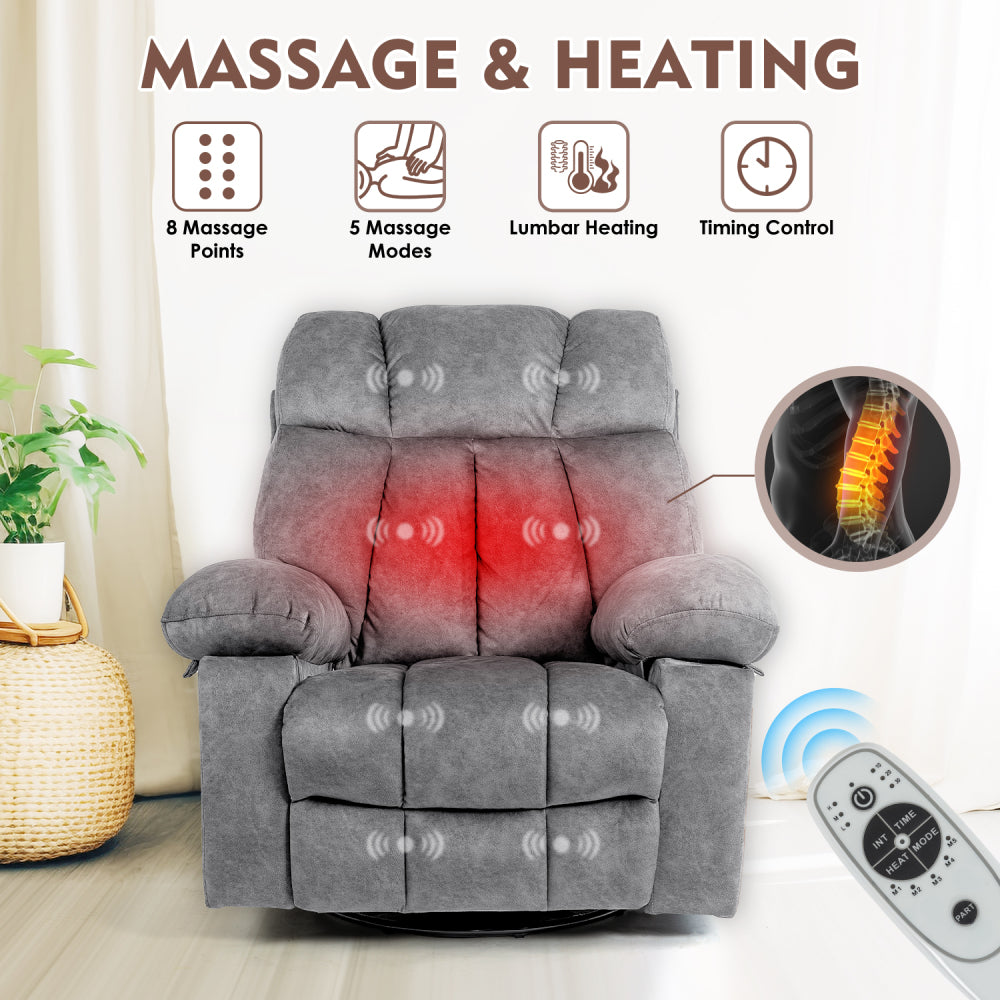 Massage Swivel Rocker Recliner Chair, Massage Chair for Living Room with Vibrating Massage and Heating Function, Ergonomic Lounge Chair with Rocking Function and Side Pocket, USB Charging Port(Grey)