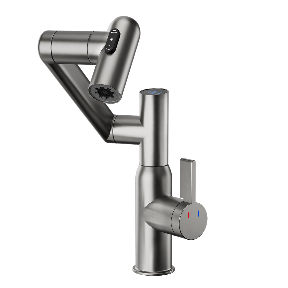 Bathroom Sink Faucet with Spray Function, Temperature Display, Anti-Slip Switch, Hot & Cold Controls, and 360° Swivel Spout