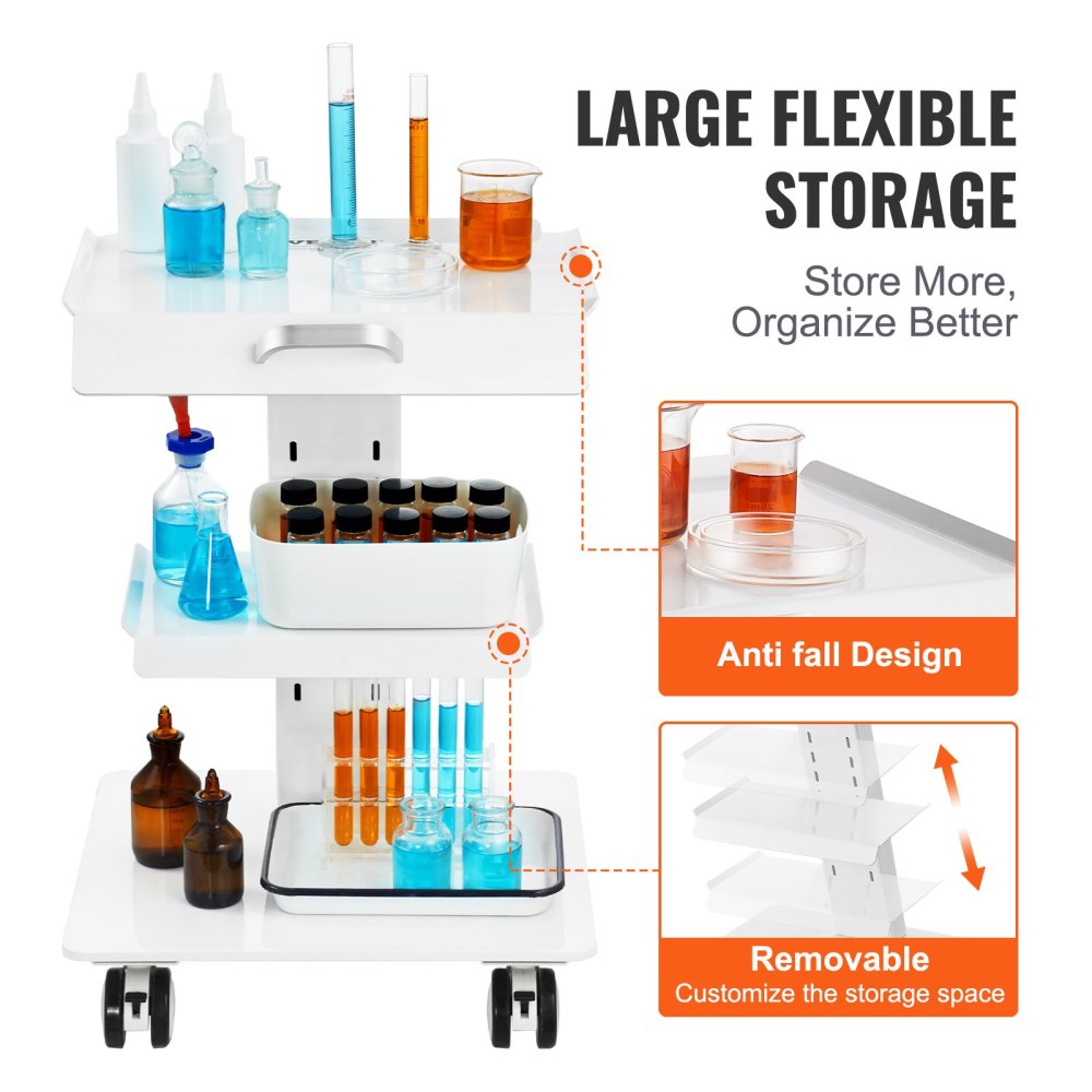 Lab Trolley, 3-Layer Rolling Lab Cart, Metal Mobile Trolley with Swivel Wheels, Tray Rolling Clinic Cart 220 lbs Weight Capacity, for Lab, Clinic, Beauty and Salon