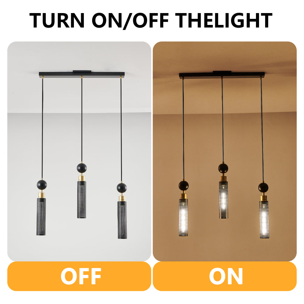 25" Modern Black and Gold 3-Light Pendant Chandelier, Adjustable Hanging Lights with Cylindrical Mesh Shades, E26 Base, Ideal for Dining Room, Kitchen Island, or Living Room Lighting (No Bulbs)
