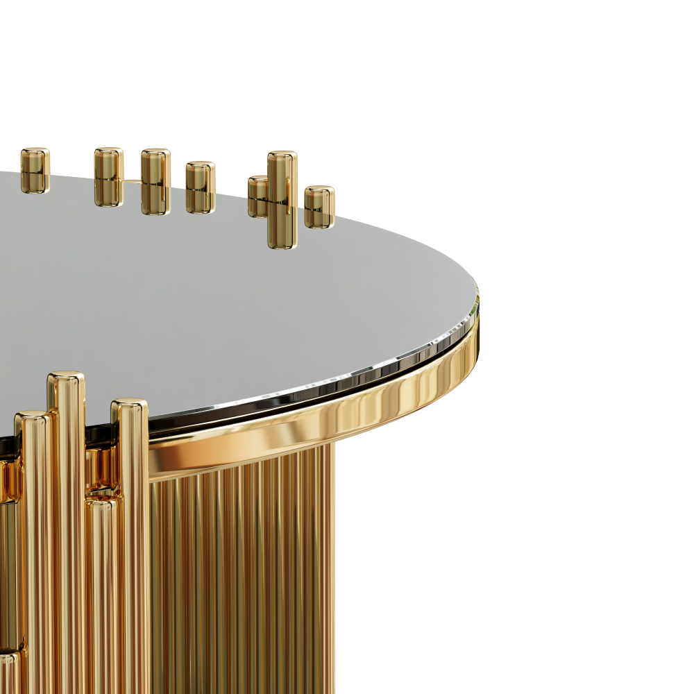 Modern minimalist light luxury style stainless steel circular coffee table, black tempered glass countertop, living room coffee table