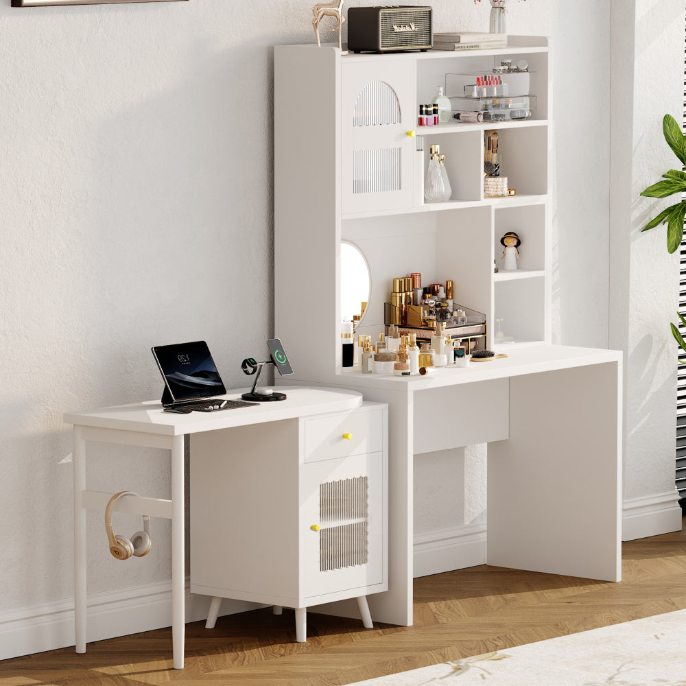 Computer Desk with 90 Degree Rotating Desktop, 43x70 Inch Office Desk with Storage Drawer and Cabinets, Gaming Desk with Shelves, Writing Desk for Study, Work Desk for Home Office Bedroom Living Room