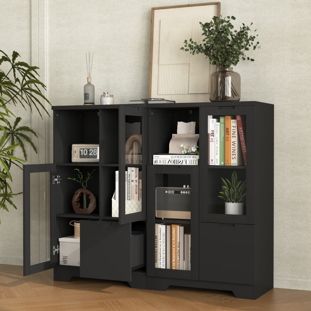 MDF painted Cabinet with Glass Doors and drawer, open storage space, Black ,Bedroom, Living room