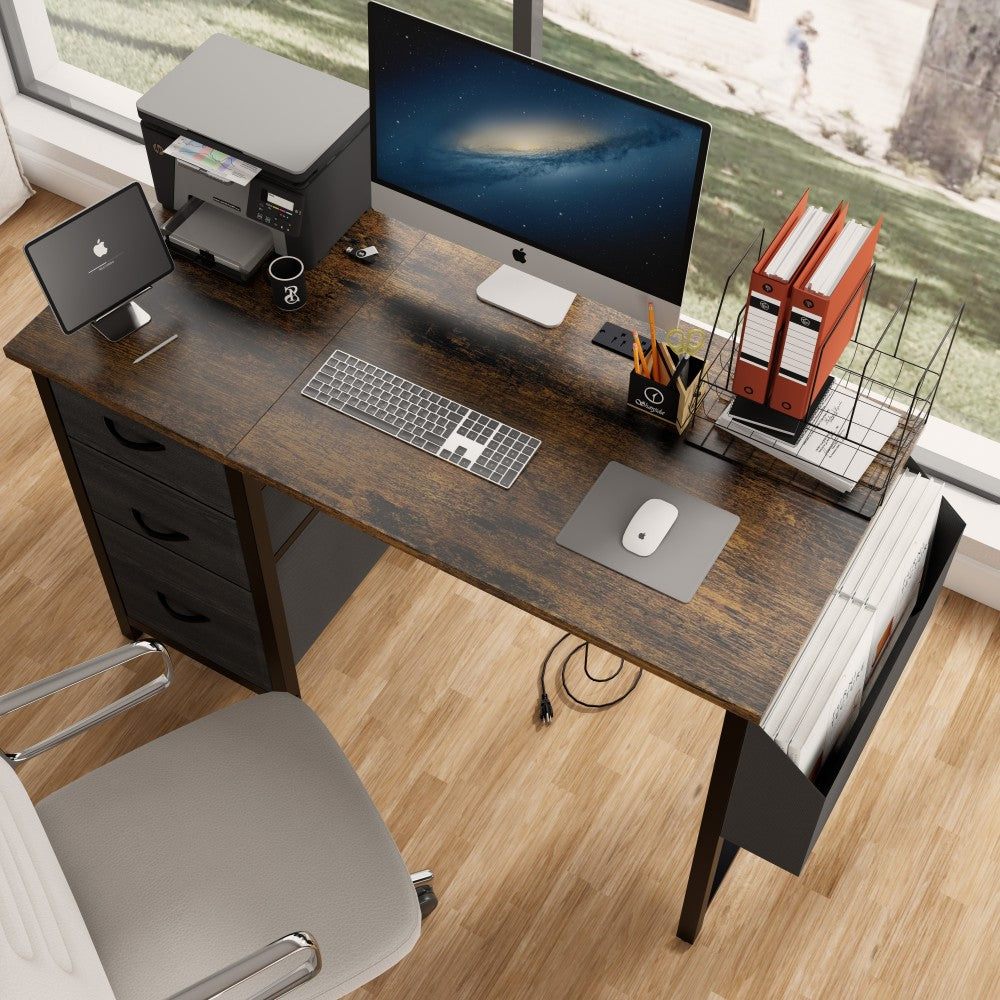 47.3"office desk with power outlet,3 drawers,Side Pocket, Study Desk Easy to Assemble,Frame stability Reversible for home desk, company computer desk, game table,Vanity table, white