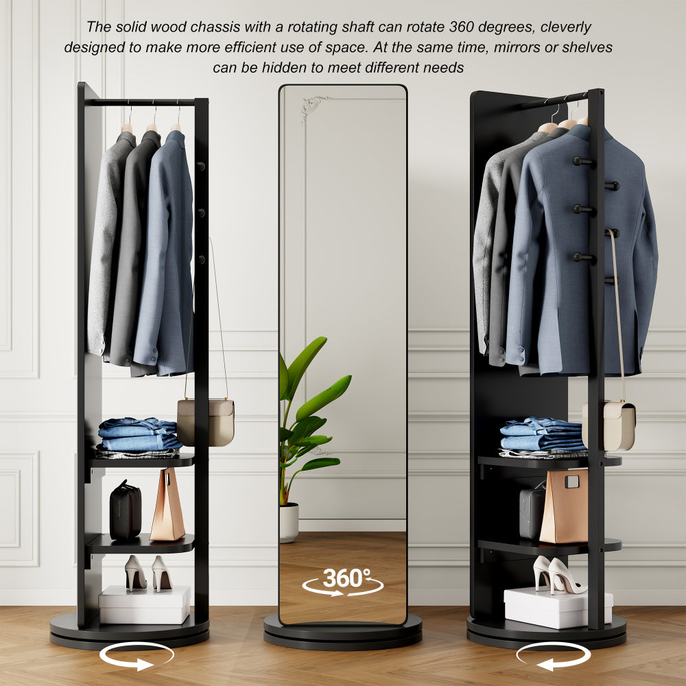 360° Rotating 66"x14" Multifunctional Full Length Mirror with Hook Storage Rack Coat Rack with Mirror Solid Wood Floor Mirror Bedroom Living Room Cloakroom Space Saving(black)