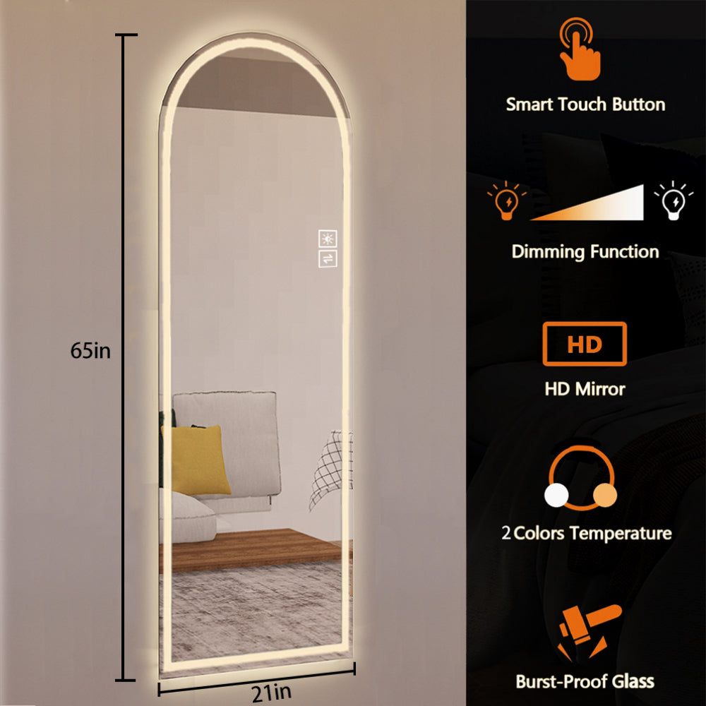 65" x 21" Arch Design LED Full Length Mirror ,Dimmable, High Definition & Explosion-Proof, Full-Length Standing or Wall-Mounted - Brightly Lit for Makeup, Studio, and More