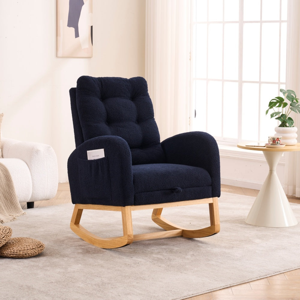 LY-5104 Plush Accent Rocking Chair with Footrest, Cream White High-Back Rocker, Rubber Wood Lounge Chair for Nursery & Living Room, 38.36"W x 26.77"D x 39.76"H
