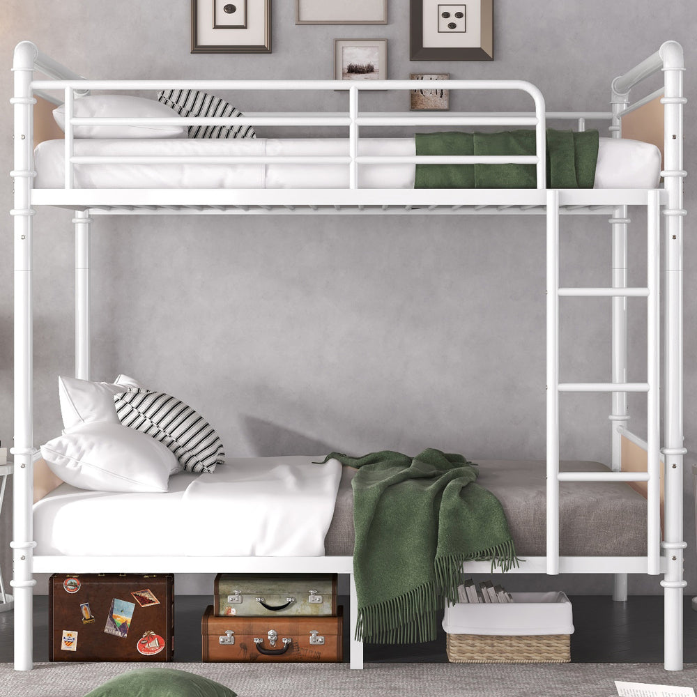 Twin XL over Twin XL Metal Bunk Bed, Industrial Detachable Bunkbeds with Safety Guard Rails for Teens, White(Expect Arrival Date 2025/6/18)