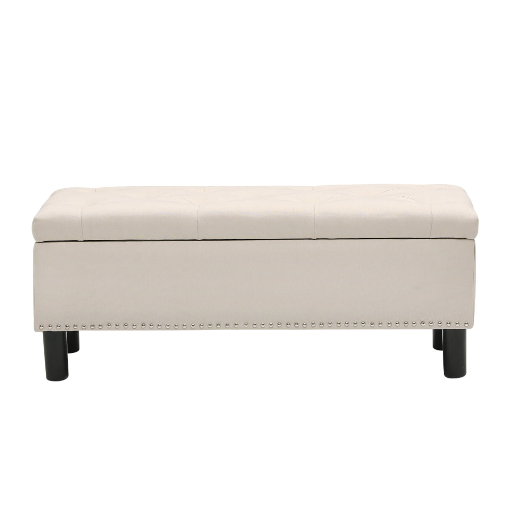 Storage Ottoman Bench with Wood Legs, Upholstered Bedroom Bench with Button-Tufted, Storage Bench with High-density Resilient Sponge Rivet Design for Bedroom, Linen, Beige