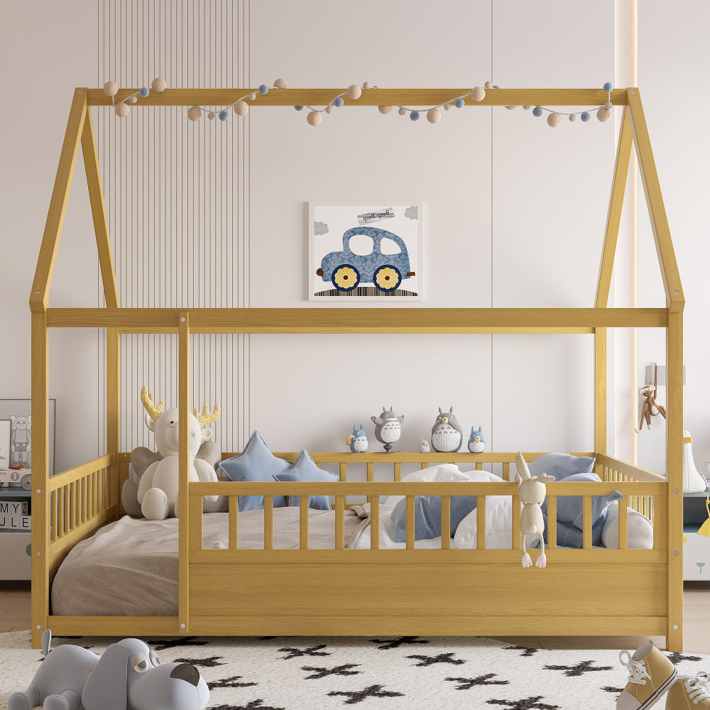 Twin Size Floor Wooden Bed with House Roof Frame, Fence Guardrails,White