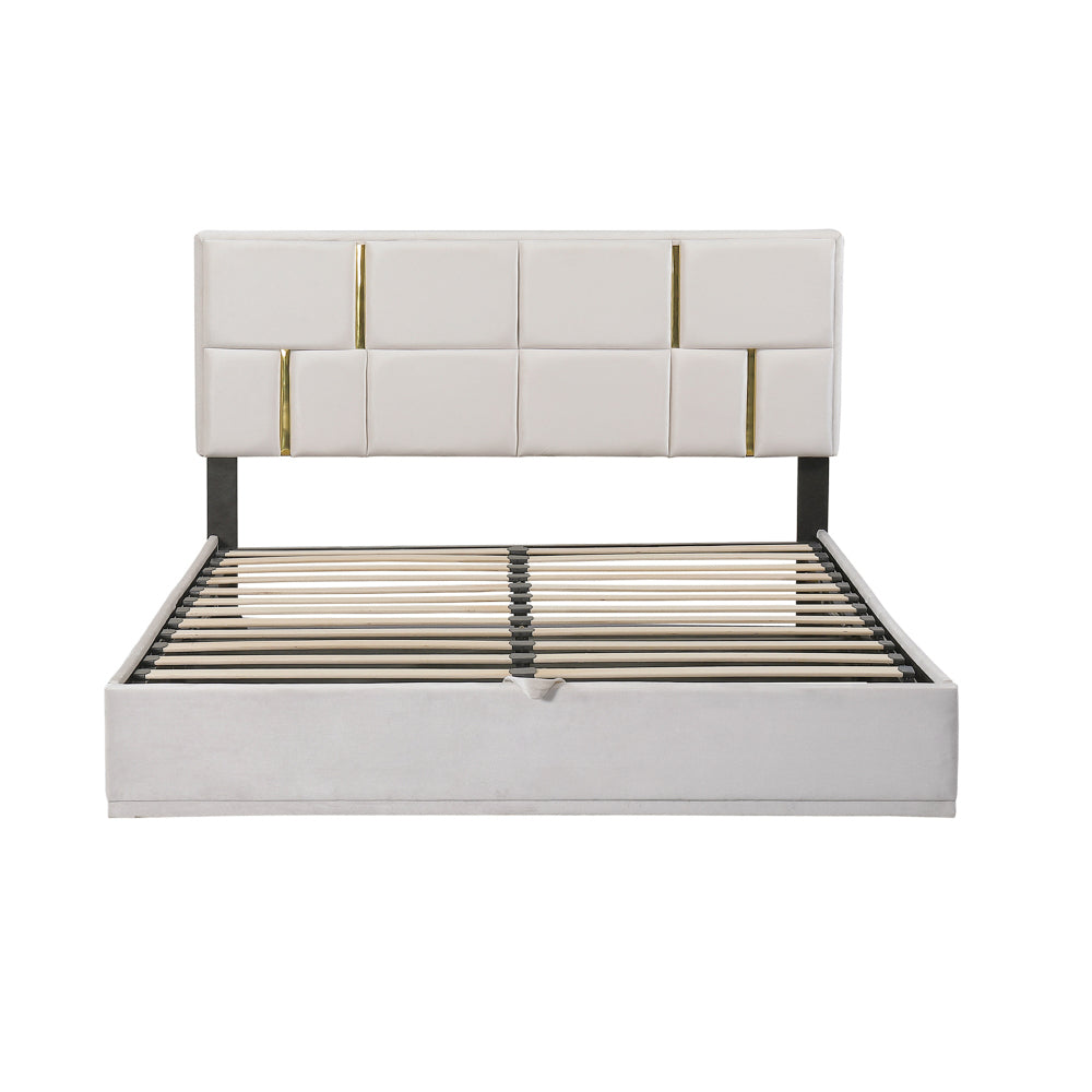 2-Pieces Bedroom Sets,Queen Size Upholstered Platform Bed with Hydraulic Storage System,Storage Ottoman with Metal Legs,Beige