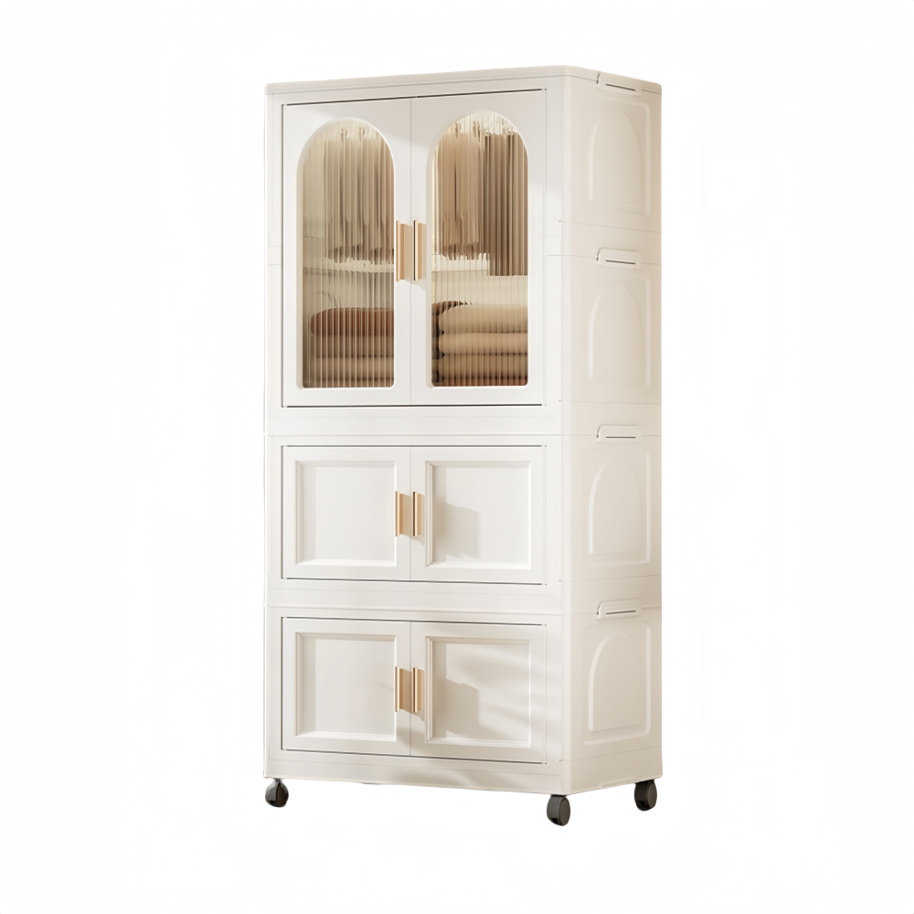 25.59" Side Wide Folding Wardrobe , 25.59"×15.75"×57.09", with Magnetic Door, Plastic Storage Cabinet with Wheels( one layer of wardrobe + two layers of folding boxes+10 hangers )