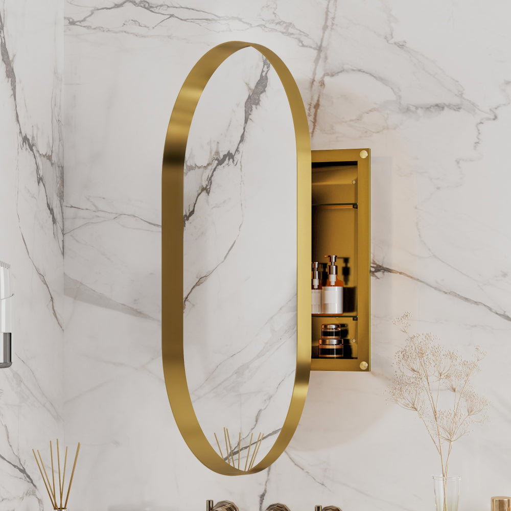 31.5 Inch Surface Mount Round Metal Framed Medicine Cabinet with Mirror and Adjustable Shelves Black Wall Mirror with Storage for Bathroom, Matte Gold