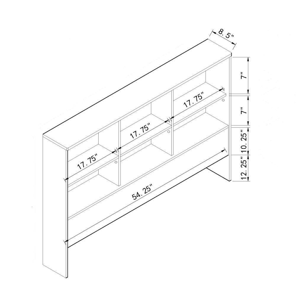 Full bookcase headboard six shelves three shelves adjustable top panel rounded corners hazelnut color