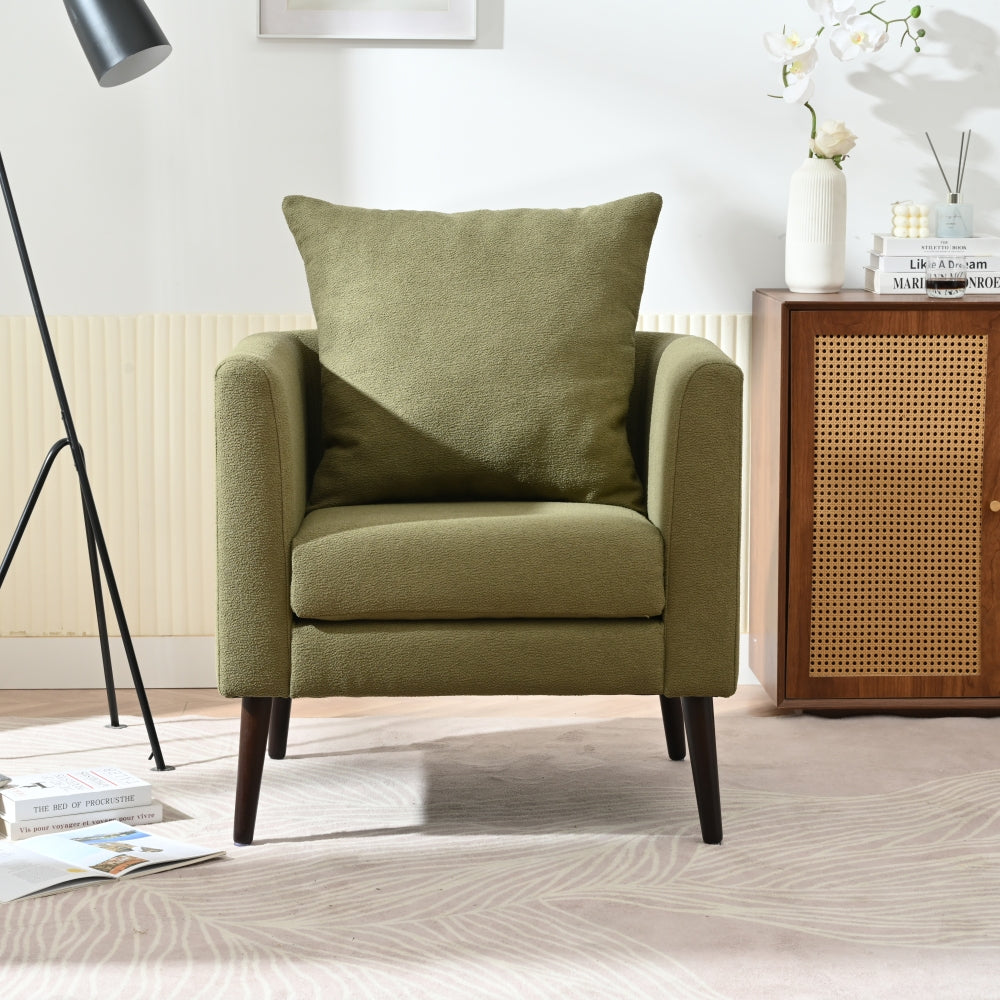 Modern Fabric Accent Chair, Upholstered Armchair for Living Room ,Mid Century Fabric Lounge Chair w/ Pillow, Comfortable Reading Chair with Wood Legs for Living Room, Bedroom,Reception Room (Olive)