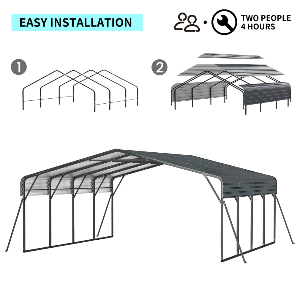 20x20FT Metal Carport Heavy Duty with Galvanized Steel Roof, Outdoor Garage Car Shelter Shade for 2 Cars, Boats and Truck