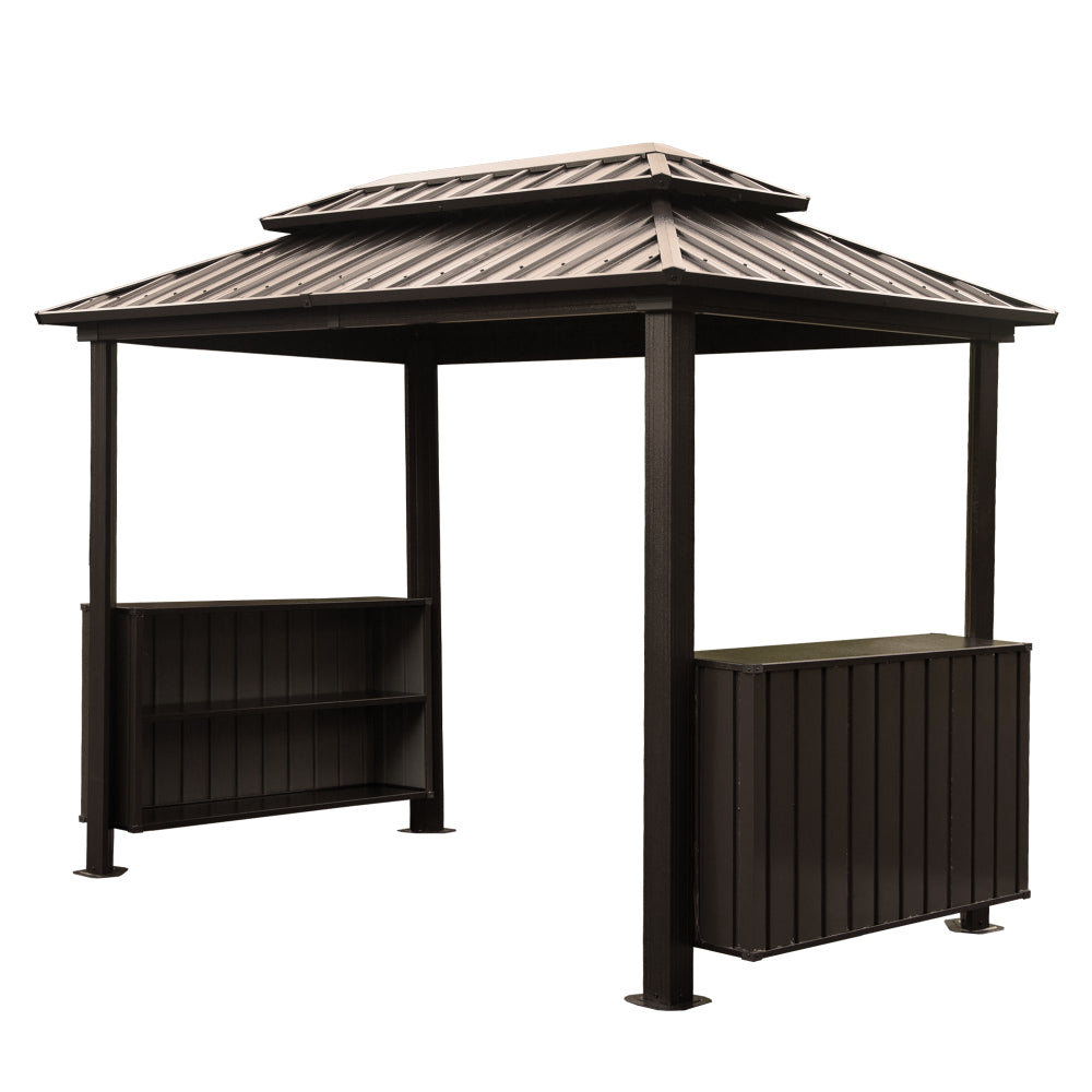 8×5FT Hardtop Grill Gazebo, Outdoor BBQ Gazebo w/Galvanized Steel Double Roof, Permanent Sun Shade Grill Canopy Shelter with 2 Side Shelves and Ceiling Hook for Patio Deck Yard Garden (Grey)