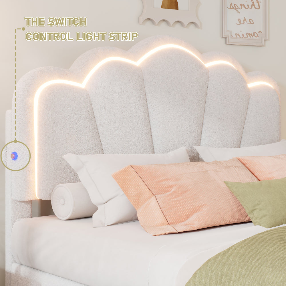 2-Pieces Bedroom Sets Twin Size Flower-Shaped Upholstered LED Platform Bed with Storage Ottoman-Sherpa Fabric, White