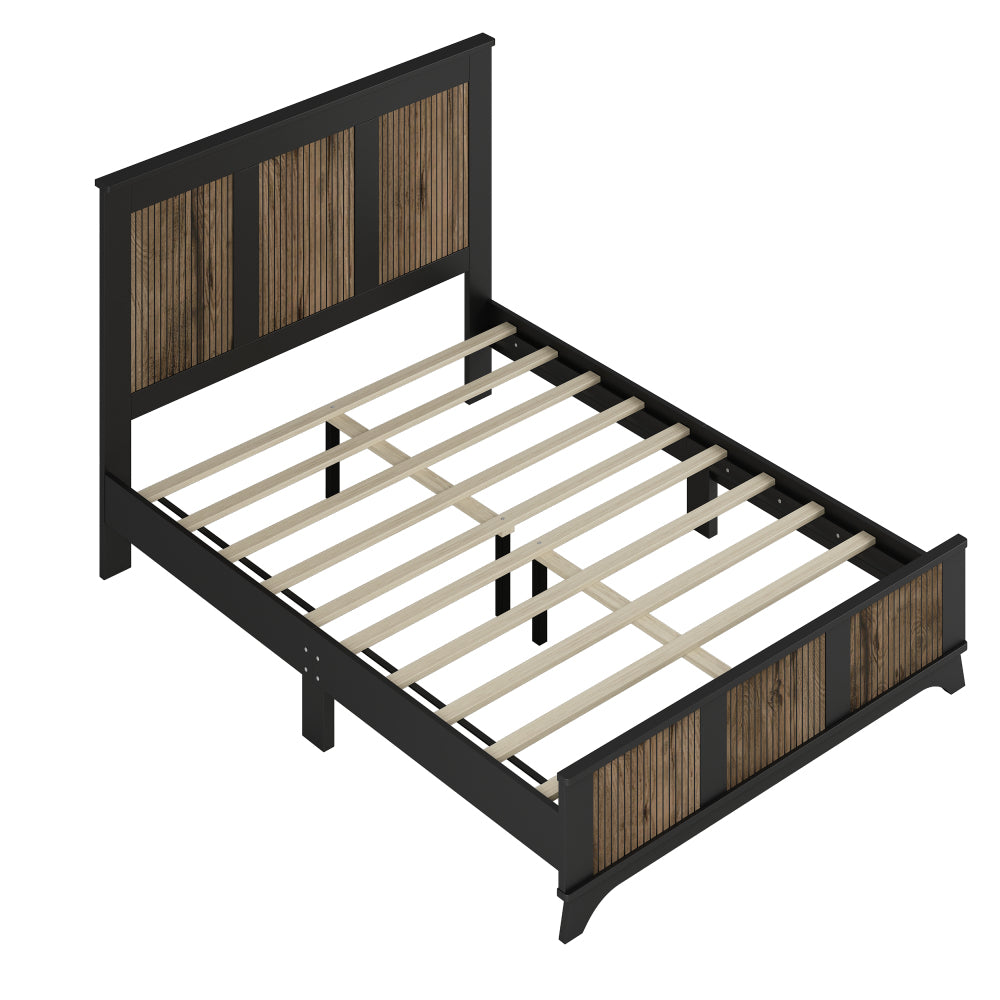 4-Pieces Bedroom Sets, Queen Size Farmhouse Platform Bed with Wooden Strip Stickers Decoration, Storage Nightstand and Dresser with Metal Handle, Black