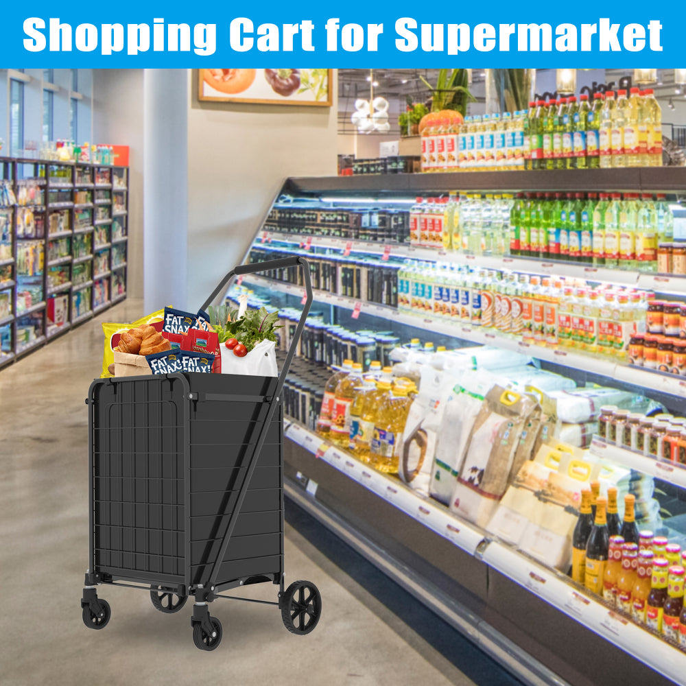 Shopping Cart with Shelf,Grocery Cart on Wheels, Foldable Utility Shopping Carts with 360° Rolling Swivel Wheels for Groceries Laundry