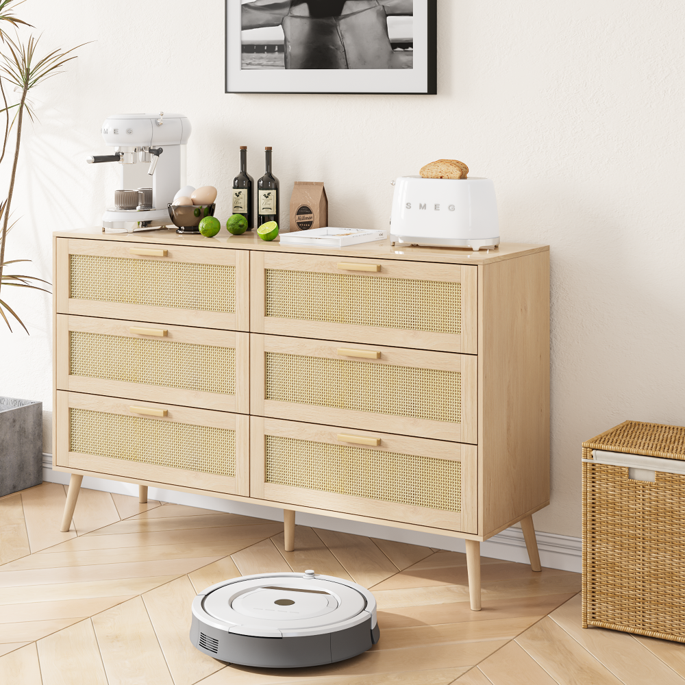 Rattan 6 Drawers Chest of Dressers for Bedroom, Modern 6 Drawer Dresser, Wide Chest of Drawers with wood Handles, Rattan Dresser Storage Cabinet for Living Room, Bedroom, Hallway