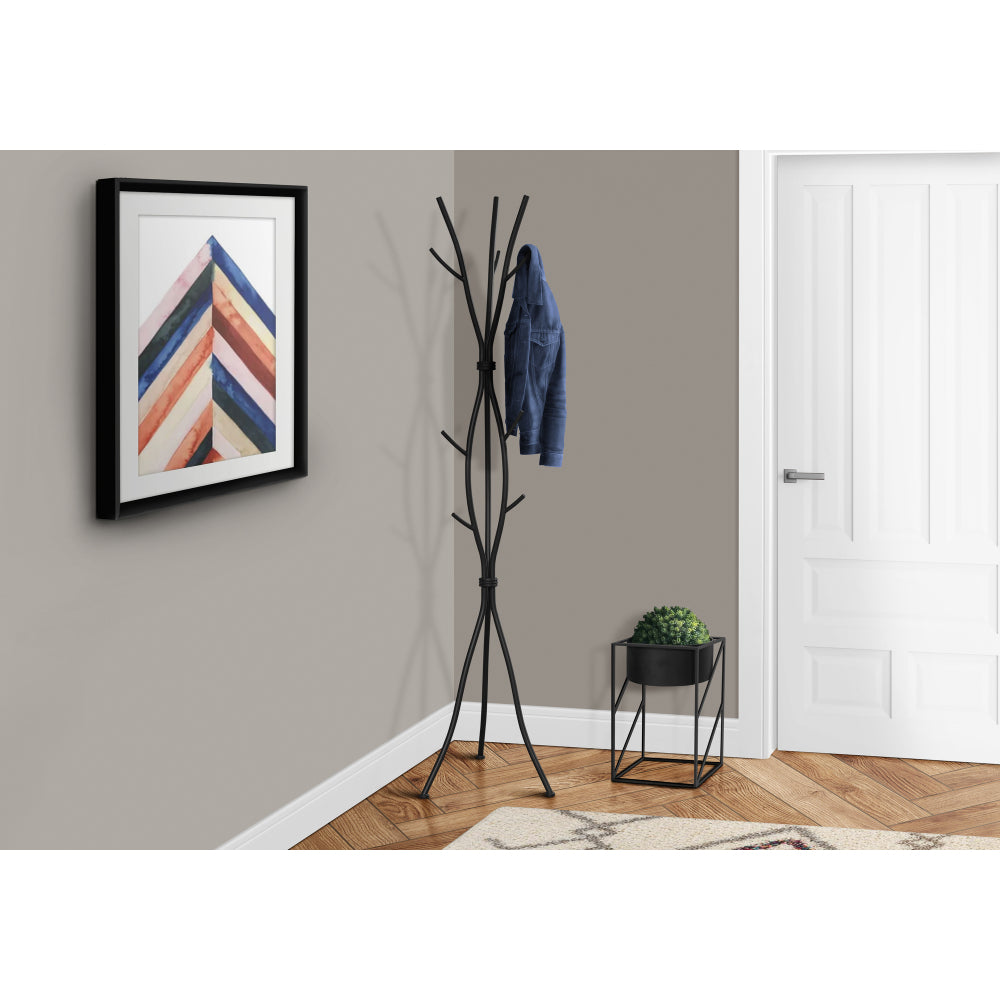 Coat Rack, Hall Tree, Free Standing, 11 Hooks, Entryway, 74"h, Bedroom, Black Metal, Contemporary, Modern