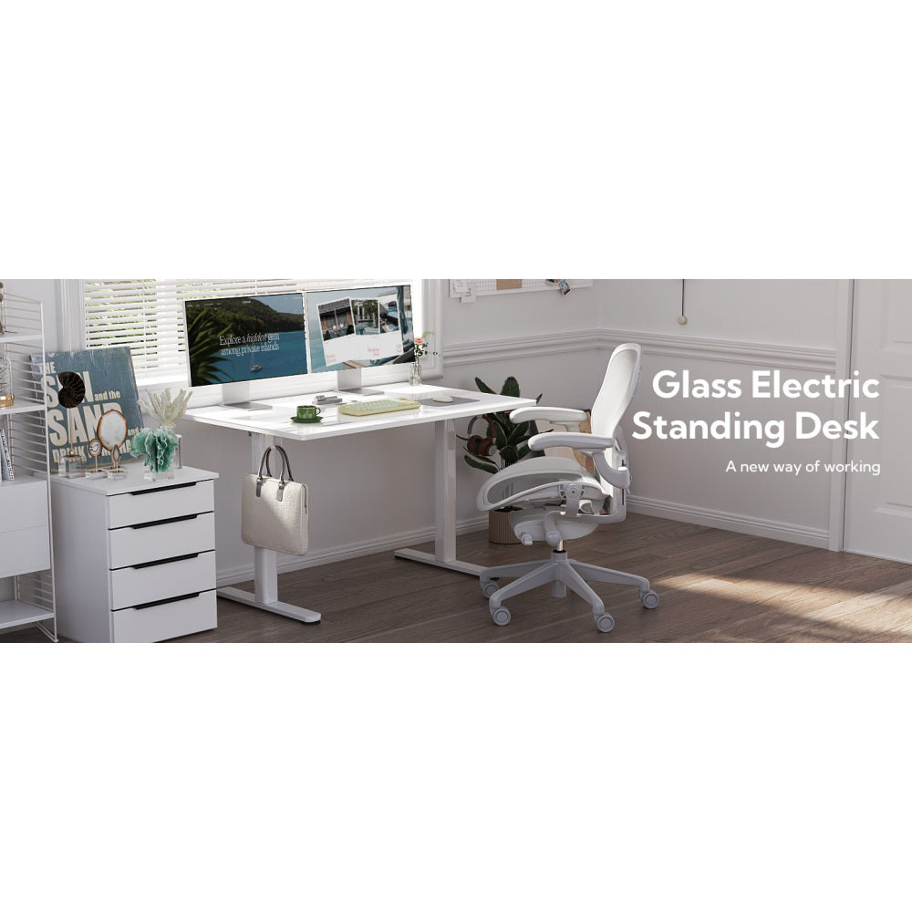 48 Inch Electric White Glass Standing Desk, Adjustable Height ,Quick Install Home Office Computer Desk, Stand Up Desk