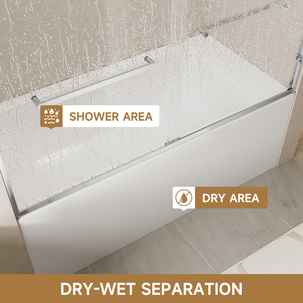 60" W x 57" H Aluminum Frame Double Sliding Shower Door, Soft-Close Chrome Bathtub Door, 1/4" (6mm) Clear Nano-Coated Tempered Glass, Dual Stainless Steel Handles