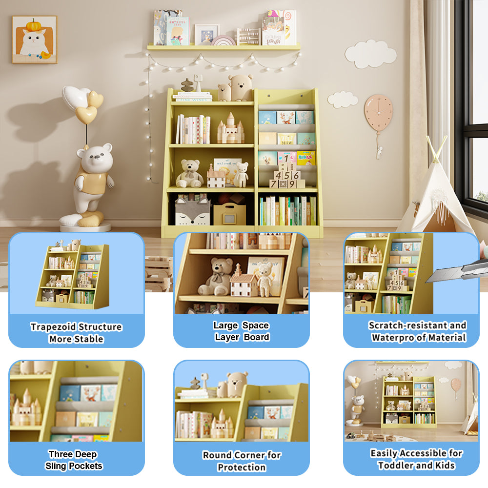 Yellow Wooden Toy Storage Organizer Cabinet Kids Bookshelf Children Bookcase Toddler Baby Sling Book Rack Shelf for Playroom Bedroom Nursery Hallway School Kindergarten Living Roomy