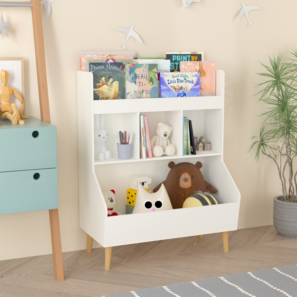 Kids Bookcase and Bookshelf, Multifunctional Bookcase with 3 Collapsible Fabric Drawers, Bookcase Display Stand, Toy Storage Organizer for Bedroom, Playroom, Hallway (White/Gray)