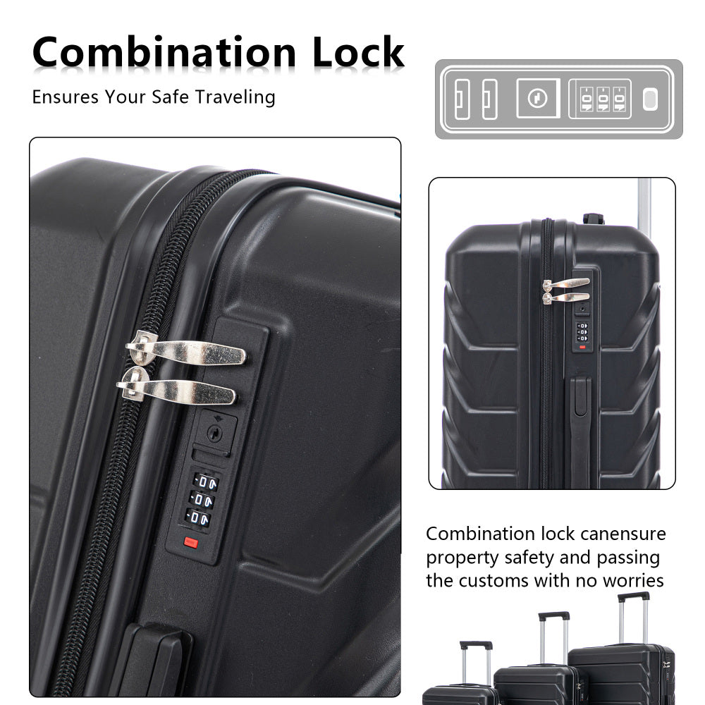 20"/24"/28" 3 pcs/set in ABS Spinner Wheel Luggage, Matching Color , With Combination Lock (Black)