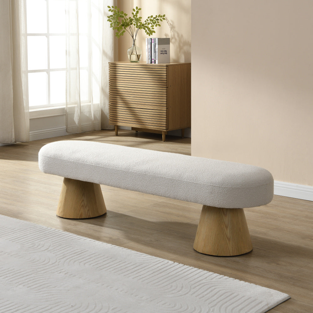 Dining Bench for Dining Room, Upholstered Bedroom End of Bed Entryway Bench Fabric Ottoman for Living Room, Beige Stool Top Wood Leg 300 LBS Weight Capacity