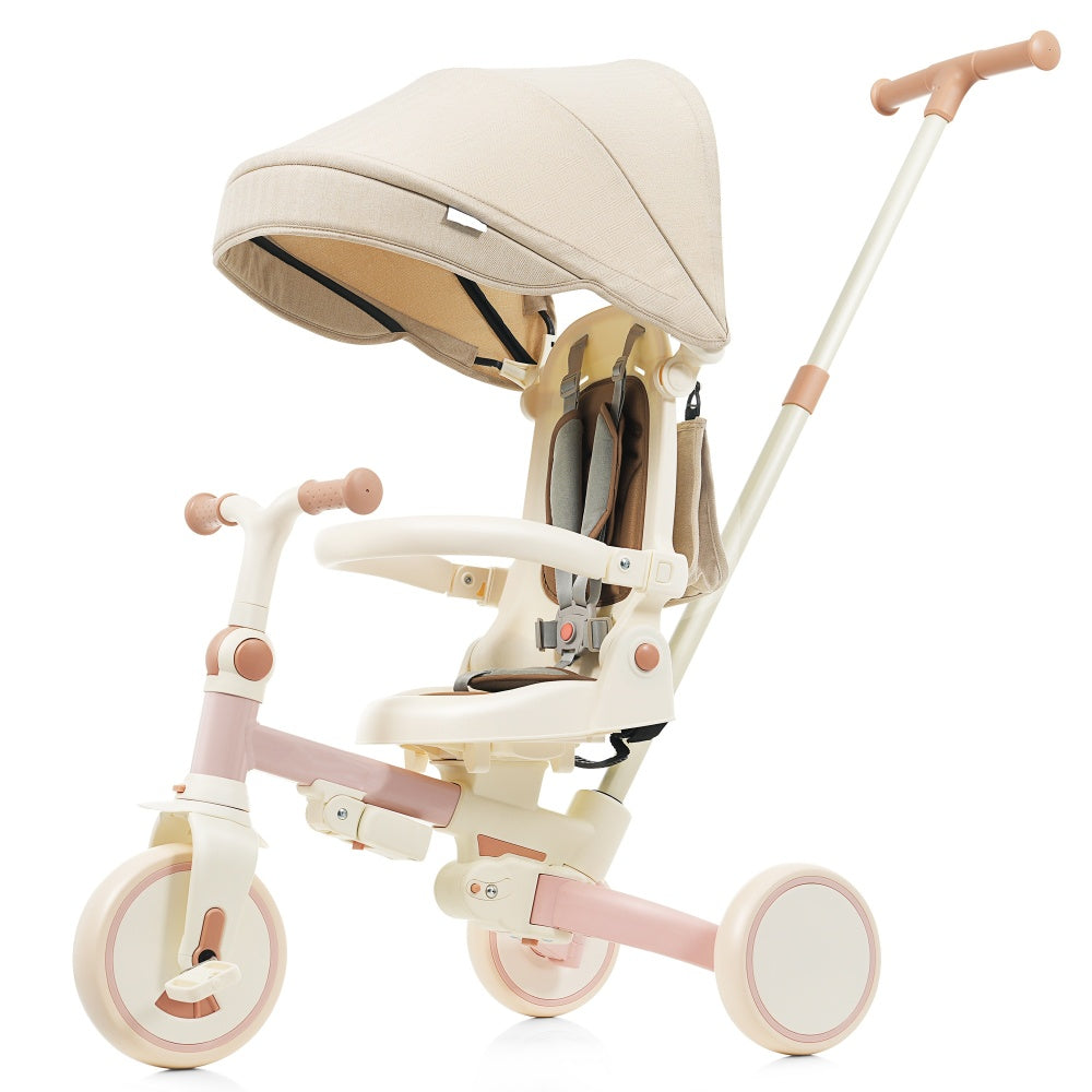 7 in 1 Baby Tricycle, Foldable Toddler Tricycle with Removable and Adjustable Parent Handle, Toddler Push Bike with Removable Pedal, Canopy, and Guardrail, Tricycle for 12-72 Months, ivory and brown